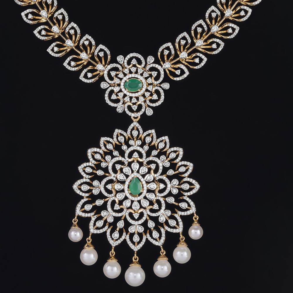 Elaborate Floral Diamond and Green Gemstone Necklace-Necklaces-OSN23A05-D309R1B