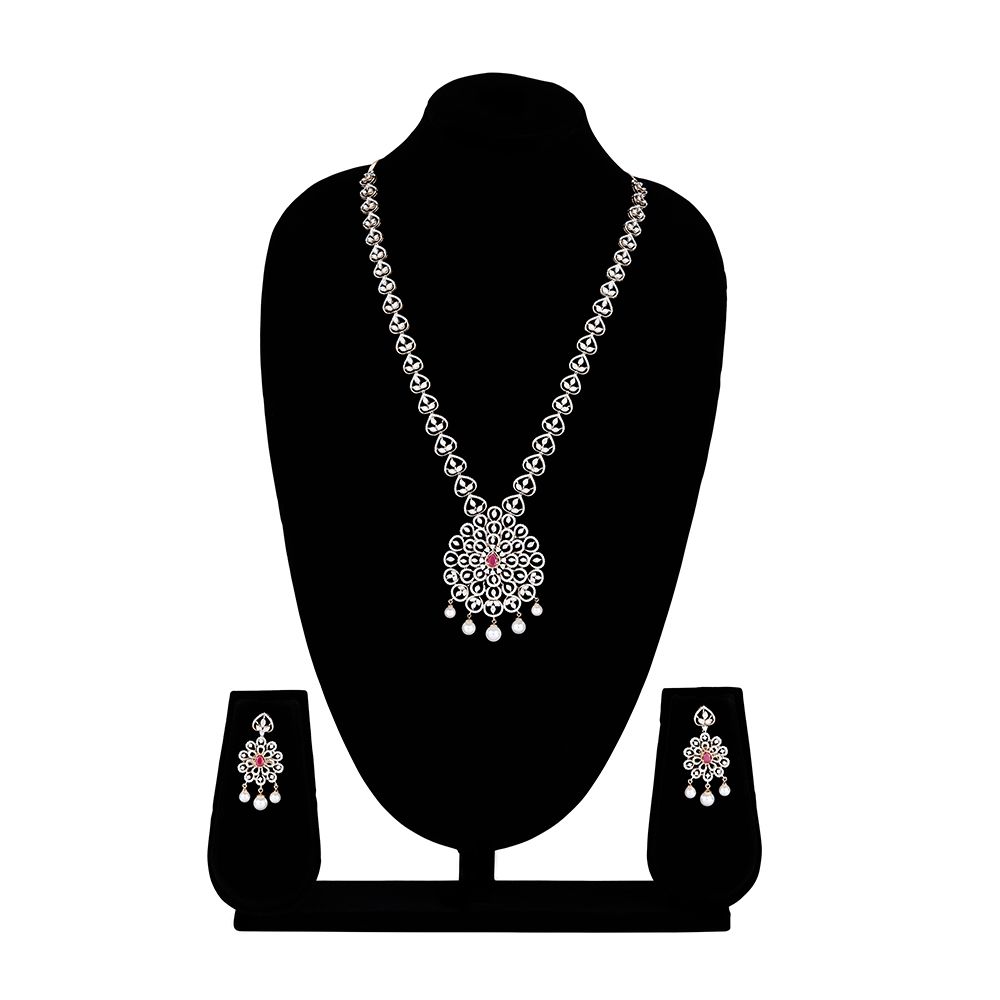 Floral Motif Diamond and Red Gemstone Haram Necklace Set-Necklace Sets-ONS23A06-D309R0B