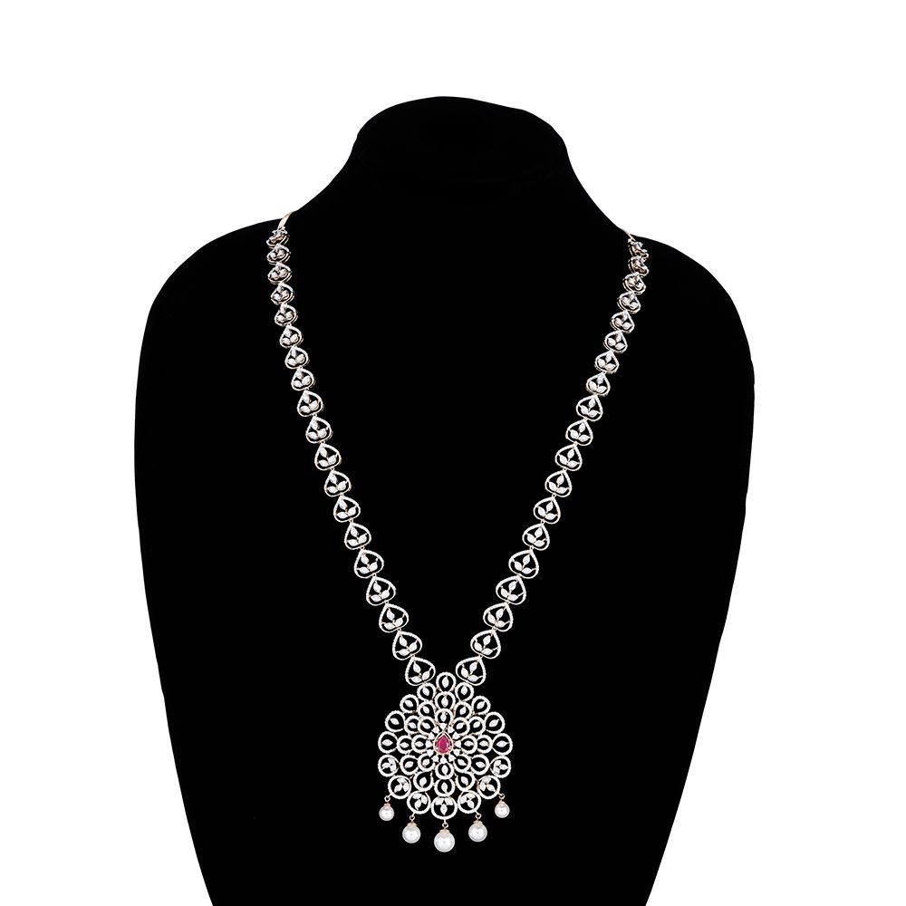 Floral Motif Diamond and Red Gemstone Haram Necklace Set-Necklace Sets-ONS23A06-D309R0B