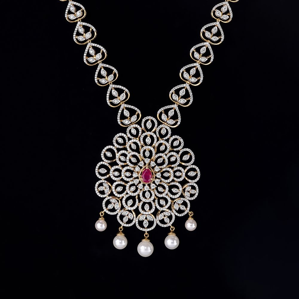 Floral Motif Diamond and Red Gemstone Haram Necklace Set-Necklace Sets-ONS23A06-D309R0B