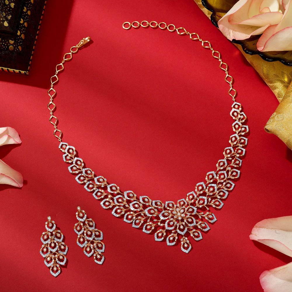 Stylish Rose Gold Peacock Feather Design Jewellery Set-All Jewellery-ONS23A12-D400X0B