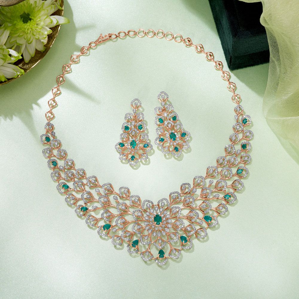 Shimmery Green Colorstone and Diamond Necklace Set-Diamond-ONS23A14-D427X0B