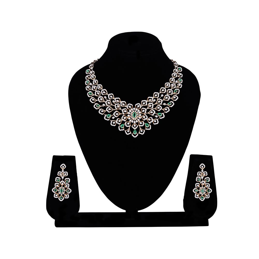 Shimmery Green Colorstone and Diamond Necklace Set-Diamond-ONS23A14-D427X0B