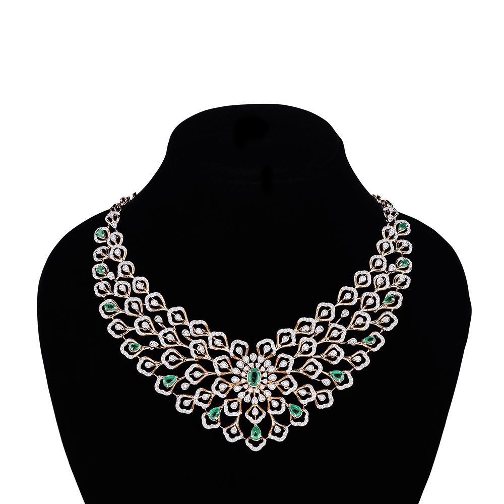 Shimmery Green Colorstone and Diamond Necklace-Necklaces-OSN23A14-D427X2B