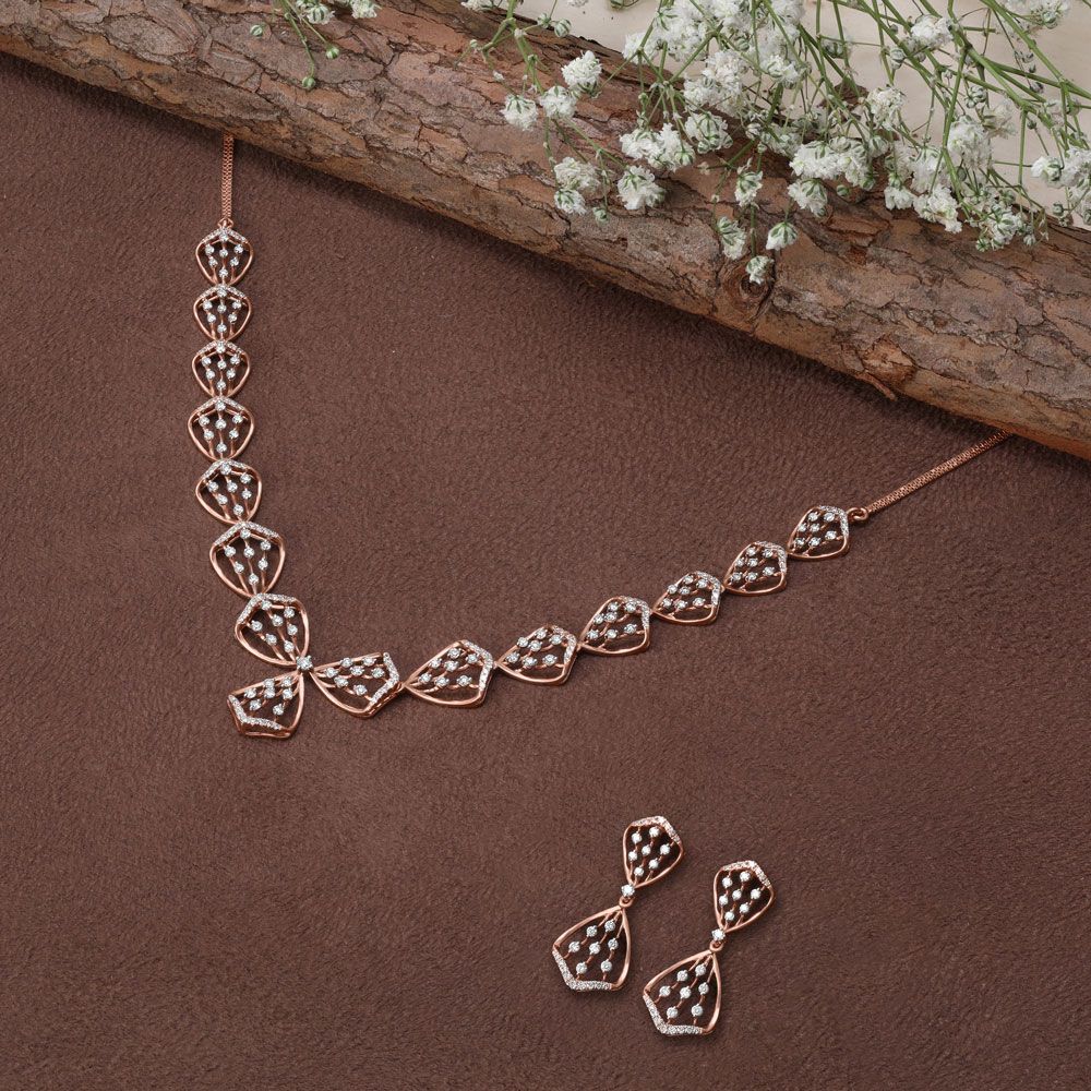 Stylish Modern Rose Gold Necklace with Diamond Earrings-Diamond-ONS23A34-D400X0B