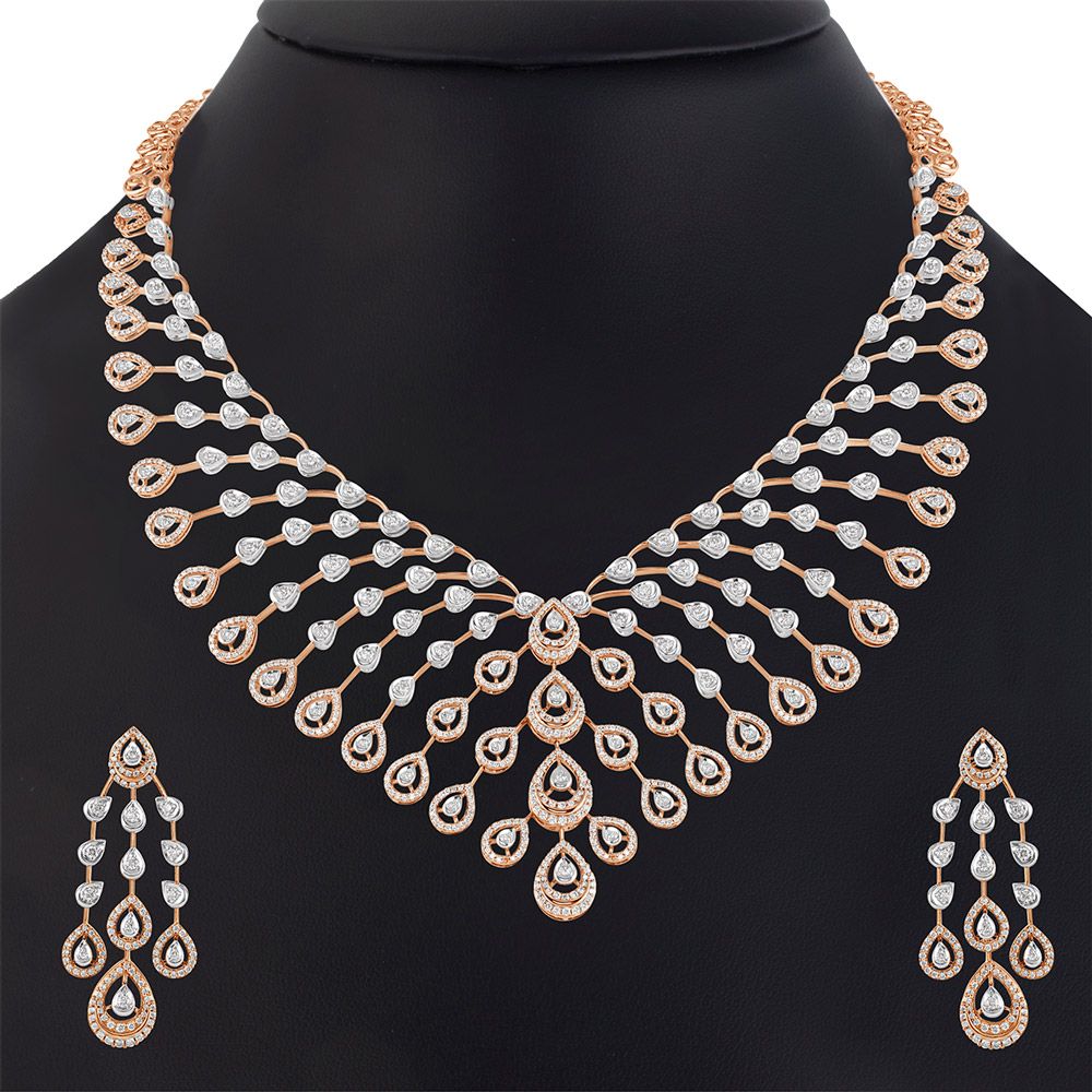 Elaborate Lattice Pattern Diamond Jewellery Set in Rose Gold-Necklace Sets-ONS23A39-D400X0B