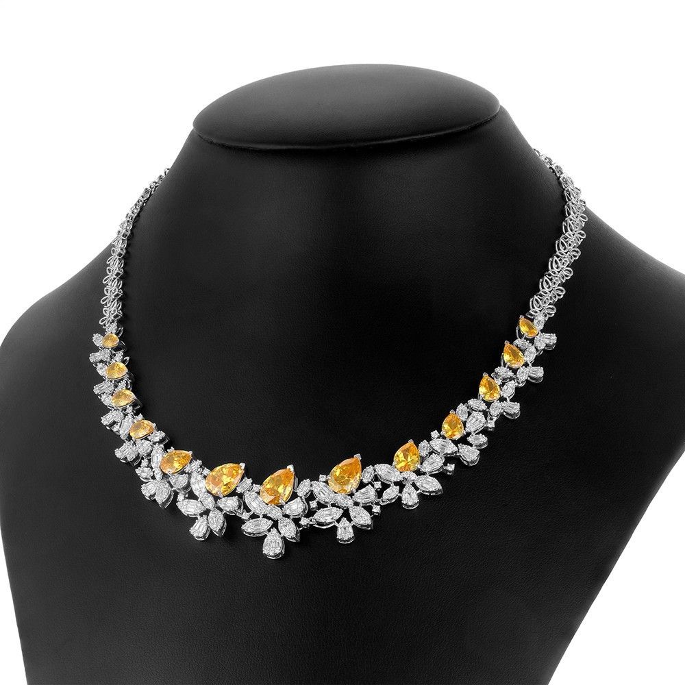 Radiant Floral Diamond and Yellow Stone Necklace Set-Diamond-ONS23A54-D332W0B