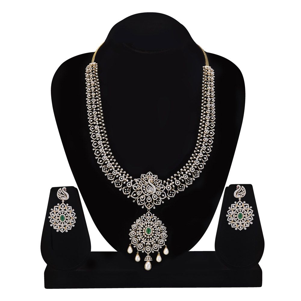 Peacocok Design Diamond and Green Onyx Studded Necklace Set-All Jewellery-ONS24A02-D309R0B