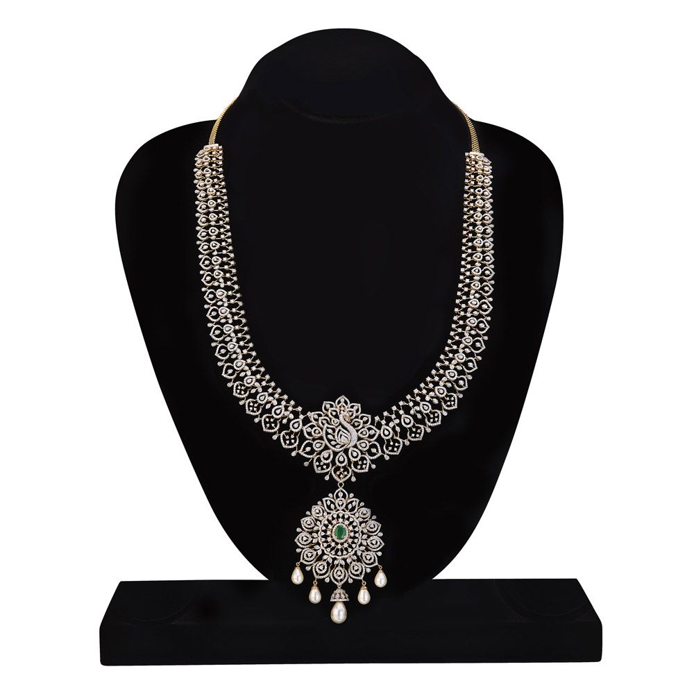 Peacocok Design Diamond and Green Onyx Studded Necklace Set-All Jewellery-ONS24A02-D309R0B