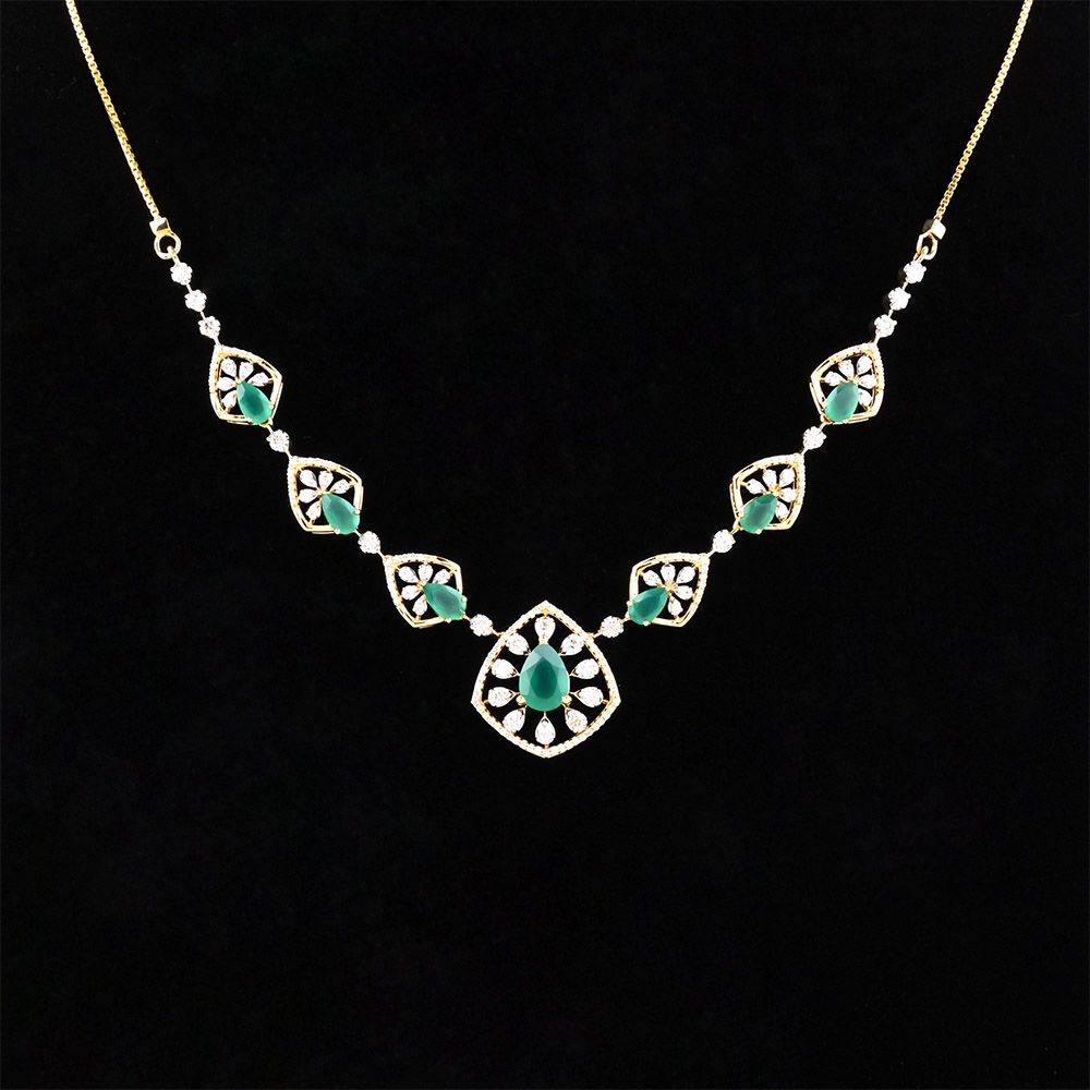 Green Onyx Diamond Yellow Gold Necklace-Necklaces-OSN25A53-D435R1C