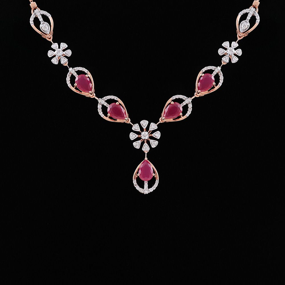 Diamond & Red Stone Drop Necklace-Necklaces-OSN25A98-D435X1C