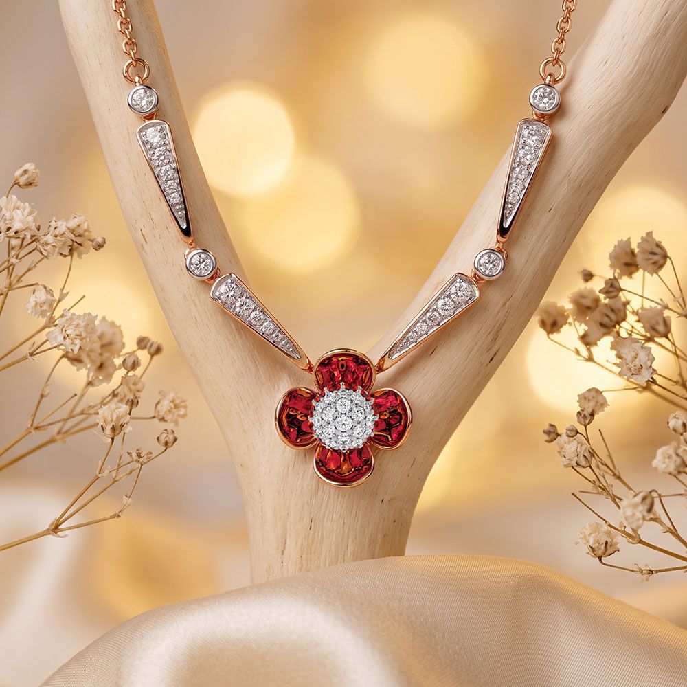 Brilliant 14Kt Diamond and Red Stone Necklace-Necklaces-OSN26AC6-D435X1C