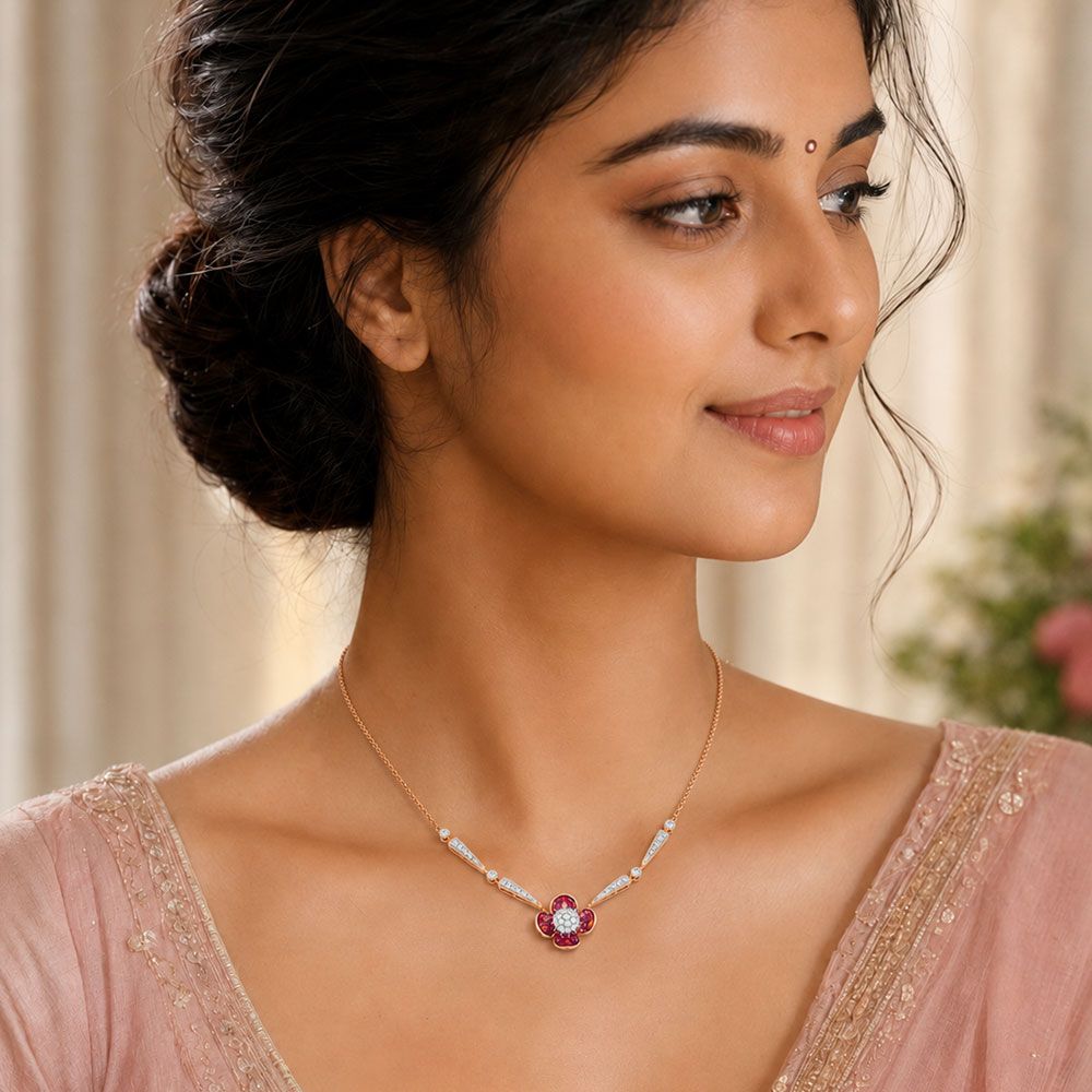 Brilliant 14Kt Diamond and Red Stone Necklace-Necklaces-OSN26AC6-D435X1C