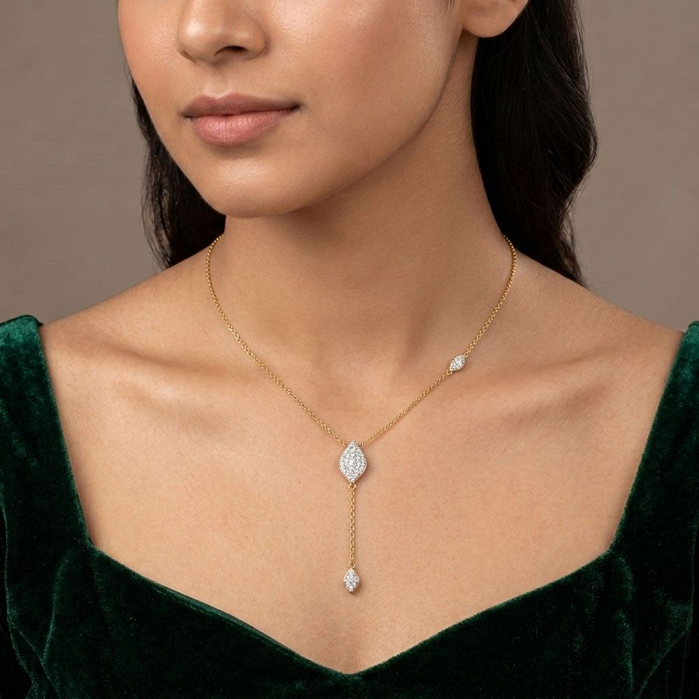 Sleek Drop 14Kt Yellow Gold Diamond Necklace-Pendants-OSN26B31-D400R1C