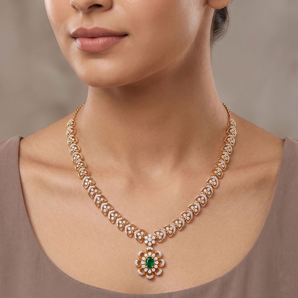 Floral Beauty 14Kt Yellow Gold Diamond Necklace-Necklaces-OSN26B33-D435R1C