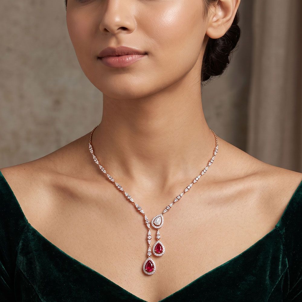 Elegant Drop 14Kt Rose Gold Diamond Necklace-Necklaces-OSN26B83-D442X1C