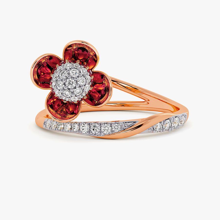 Radiant 14Kt Diamond and Red Stone Ring