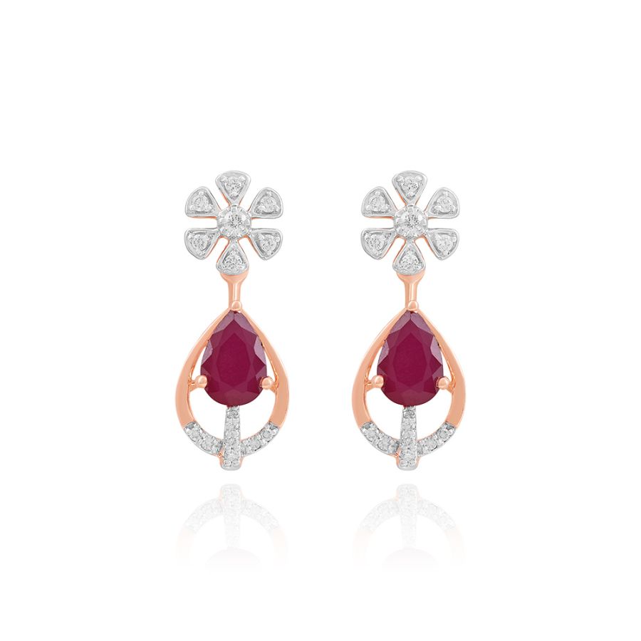 Diamond & Red Stone Drop Earrings